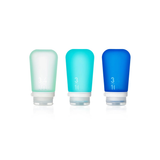 Large silicone travel bottle set from Humangear's GoToob+ accessories collection, featuring reusable, squeezable bottles for travel.