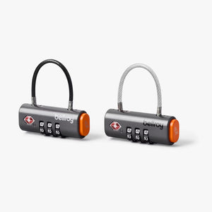 Bellroy Travel Lock Duo with two secure black combination locks and adjustable straps for luggage security.