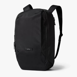 Bellroy Transit Workpack 20L backpack with multiple compartments, padded shoulder straps, and sleek black design.