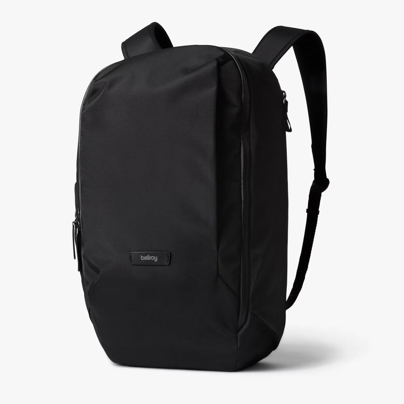 Bellroy Transit Workpack 20L backpack with multiple compartments, padded shoulder straps, and sleek black design.