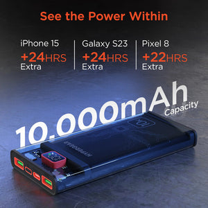 HyperGear 10,000mAh ClearCharge transparent fast charge power bank with 20W USB-C PD, showing the sleek, clear design and ports.
