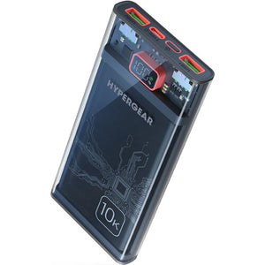 HyperGear 10,000mAh ClearCharge transparent fast charge power bank with 20W USB-C PD ports, shown with charging cables.