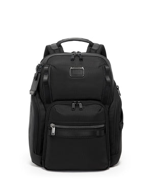 Tumi Alpha Bravo Search Backpack with multiple compartments and padded shoulder straps, designed for durable daily use.