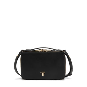 Tumi Voyageur leather Myla crossbody bag with adjustable strap and multiple compartments, stylish and functional for everyday use.