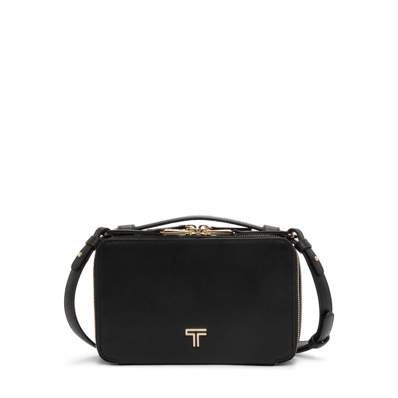 Tumi Voyageur leather Myla crossbody bag with adjustable strap and multiple compartments, stylish and functional for everyday use.