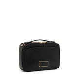 Tumi Voyageur Leather Myla Crossbody bag with adjustable strap and sleek design, shown in black on a neutral background.