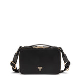 Tumi Voyageur Leather Myla Crossbody bag with adjustable strap and gold-tone hardware, stylish and compact for everyday use.