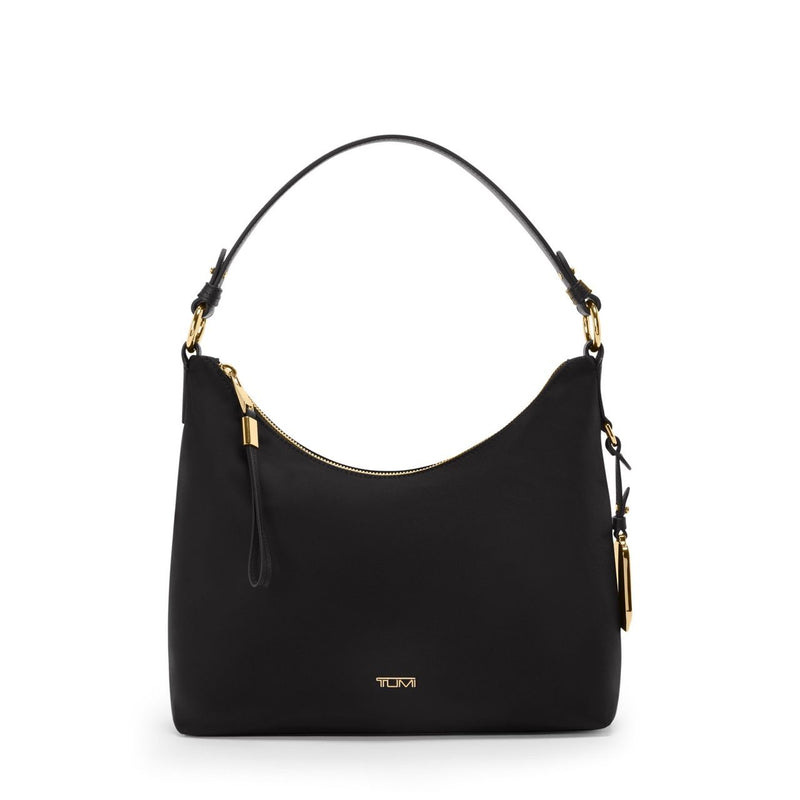 Tumi Voyageur Asbury shoulder bag with adjustable crossbody strap, made of durable fabric and featuring multiple compartments.