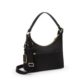 Tumi Voyageur Asbury shoulder bag with adjustable crossbody strap, stylish black nylon material, and multiple compartments.