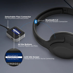 HyperGear IntelliCast Flight wireless audio adapter showing transmitter and receiver units connected with cables and LED indicators