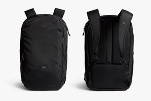 Bellroy Transit Workpack 20L backpack with padded shoulder straps, multiple compartments, and sleek black design.