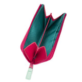 Mywalit small zip purse wallet with colorful leather exterior and compact design, featuring a zipper closure and multiple card slots.