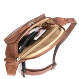 Osgoode Marley RFID organizer waist pack with multiple compartments and a secure zipper, shown open with interior pockets.