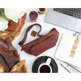 Osgoode Marley RFID Organizer waistpack in Brandy color, showing multiple compartments and adjustable strap for secure storage.