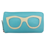 Aegean blue and bone leather ILI eyeglass case with wallet-style design, soft interior, and sleek stitching.