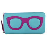 Aegean blue leather eyeglass case by ILI, featuring a sleek wallet design with orchid accents and smooth leather texture.