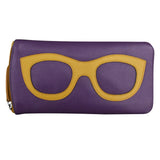 Purple and yellow leather ILI eyeglass case with wallet design, showcasing smooth texture and compact style.