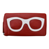 Red and white leather ILI eyeglass case with embossed logo, designed as a stylish wallet for glasses and small essentials.