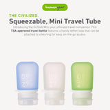 Humangear GoToob Mini 3 Pack of reusable silicone travel bottles with leak-proof caps and compact design for liquids and toiletries.