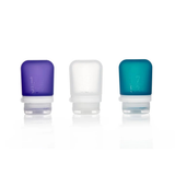 Humangear GoToob+ small silicone travel bottles set, reusable accessories for toiletries, with leak-proof design and vibrant colors.