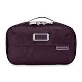Briggs & Riley Baseline expandable toiletry kit with multiple compartments and zipper pockets, front view showing organized interior.
