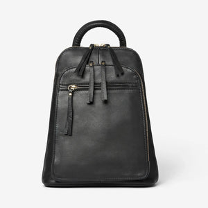 Osgoode Marley Belle Backpack in black, featuring front zipper pockets, adjustable straps, and a sleek, organized design.