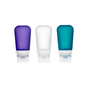 Humangear GoToob+ large silicone travel bottles set, reusable accessories with squeezable, leak-proof design for toiletries.
