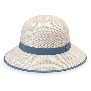 Wallaroo Hat Company Darby UPF 50+ packable hat in natural straw with wide brim and chin strap for sun protection.