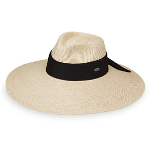 Wallaroo Hat Company Elise UPF 50+ packable hat shown in beige with wide brim and adjustable chin strap, designed for sun protection.