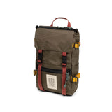 Topo Designs Rover Pack Mini backpack, compact black outdoor backpack with adjustable straps and top handle, front zip pocket.