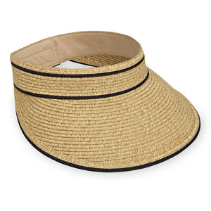 Brown and black Lily packable visor hat by Wallaroo Hat Company with a wide brim and adjustable strap.