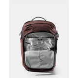 Matador 30L Carry On Travel Pack in garnet red with multiple compartments and padded straps for comfortable travel.