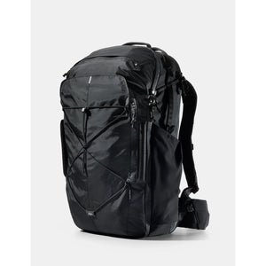 Matador 45L Global Travel Pack in black showing compact design with multiple compartments and durable fabric for travel.