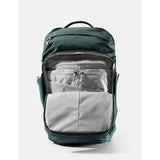 Matador 45L Global Travel Pack in juniper green with multiple compartments and adjustable straps, designed for travel and adventure.