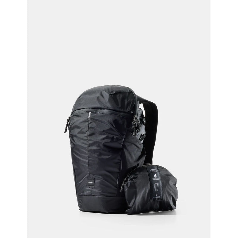 Black Matador 18L packable backpack displayed open, showing lightweight, foldable design perfect for travel and outdoor use.
