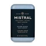 Bar soap by Mistral for men, 250g, with a sleek design and fresh scent, displayed in a close-up image.