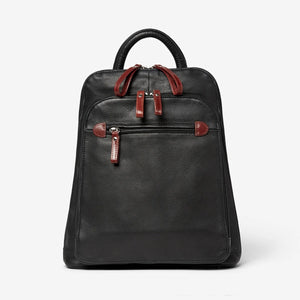 Black Osgoode Marley organizer backpack with multiple compartments and adjustable straps, front view showing organized design.