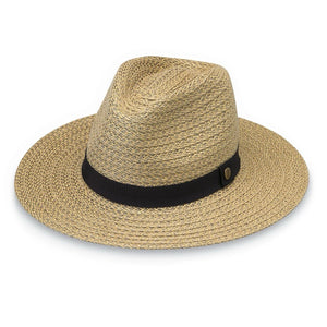 Wallaroo Hat Company Palmer UPF 30+ packable natural-colored hat with wide brim and adjustable chin strap for sun protection.