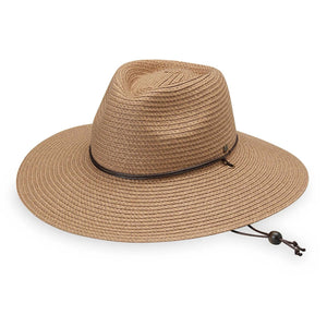 Petite Sanibel UPF 50+ packable hat by Wallaroo Hat Company in camel with a wide brim and adjustable cord.