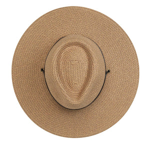Petite Sanibel UPF 50+ packable hat by Wallaroo Hat Company in camel with wide brim and adjustable top, designed for sun protection.