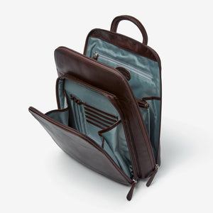 Osgoode Marley RFID organizer backpack in espresso color, showing side view with multiple compartments and sturdy straps.