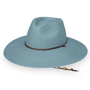 Sanibel UPF 50+ packable hat by Wallaroo Hat Company in cornflower blue, featuring wide brim and comfortable design.