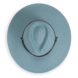 Sanibel UPF 50+ packable hat by Wallaroo Hat Company, in cornflower blue with a wide brim and top view.