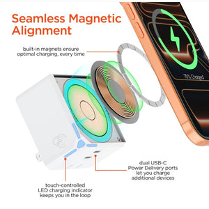 HyperGear MaxCharge 3-in-1 magnetic wireless fast charger with dual USB-C PD ports and sleek design.