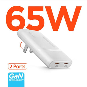 HyperGear SpeedBoost 65W dual USB-C PD GaN laptop charger with PPS, ultra-slim design for fast device charging.