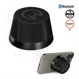 HyperGear Pocket Popper magnetic mini wireless speaker showing compact design and metallic finish, ideal for portable music listening.