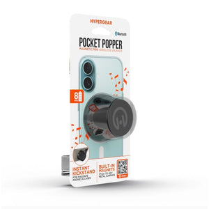 HyperGear Pocket Popper magnetic mini wireless speaker shown in a sleek black design with compact, portable form factor.