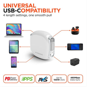 HyperGear Flexi Go 100W USB-C to USB-C retractable cable in a compact case, designed for fast charging and data transfer.