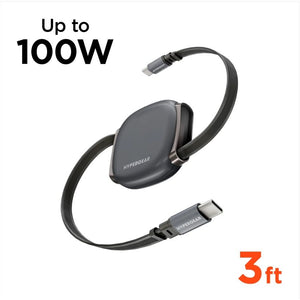 HyperGear Flexi Go 100W USB-C to USB-C retractable cable with ultra-slim case, shown in a compact, portable design.