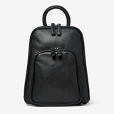 Osgoode Marley small black organizer backpack with front zip pocket and adjustable straps, showing a sleek, compact design.